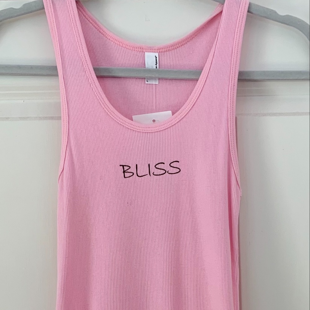 sleeveless ribbed tank top with "bliss" logo